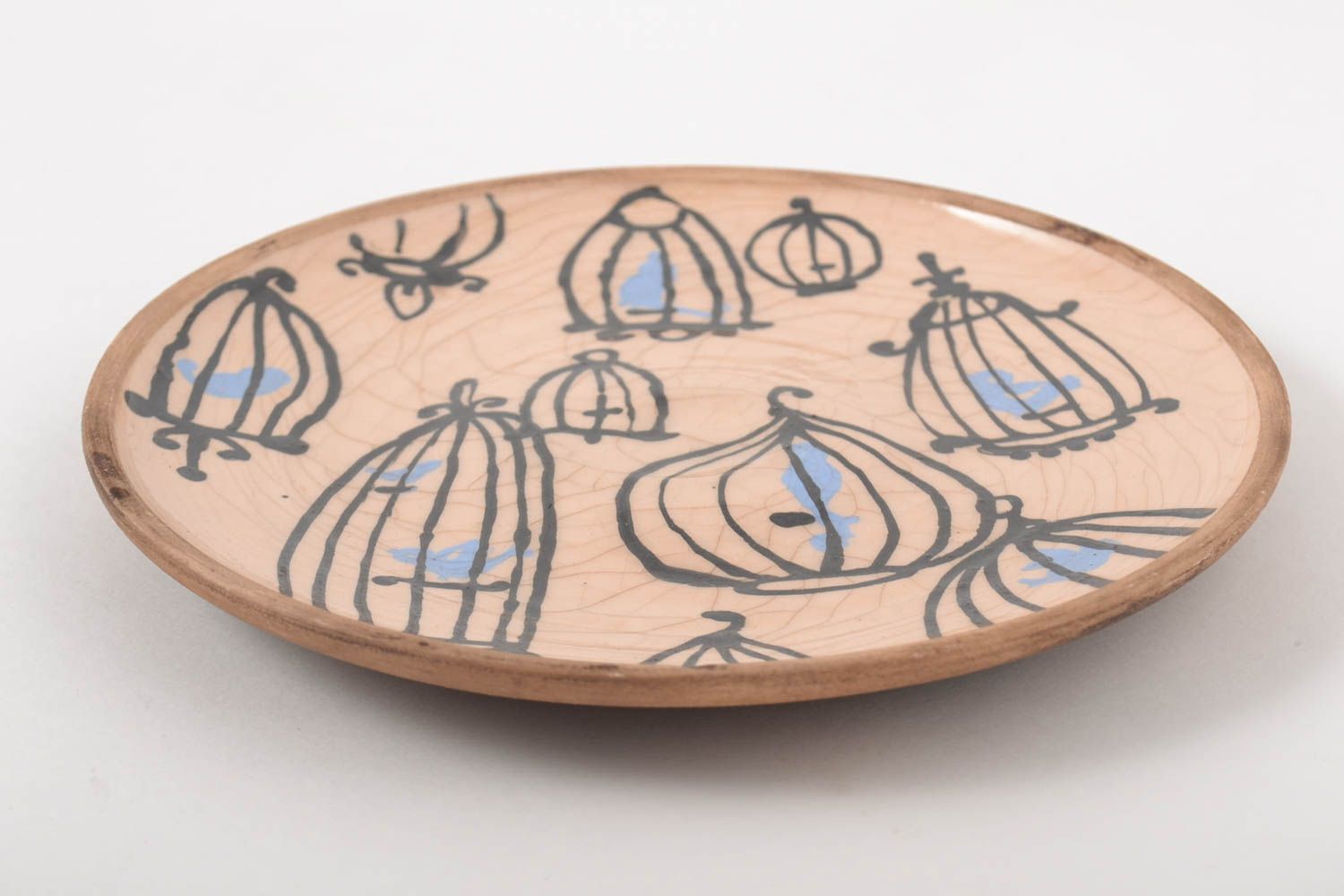 Керамическая тарелка хэнд мэйд глиняная посуда расписная тарелка Птицы в клетке фото 3