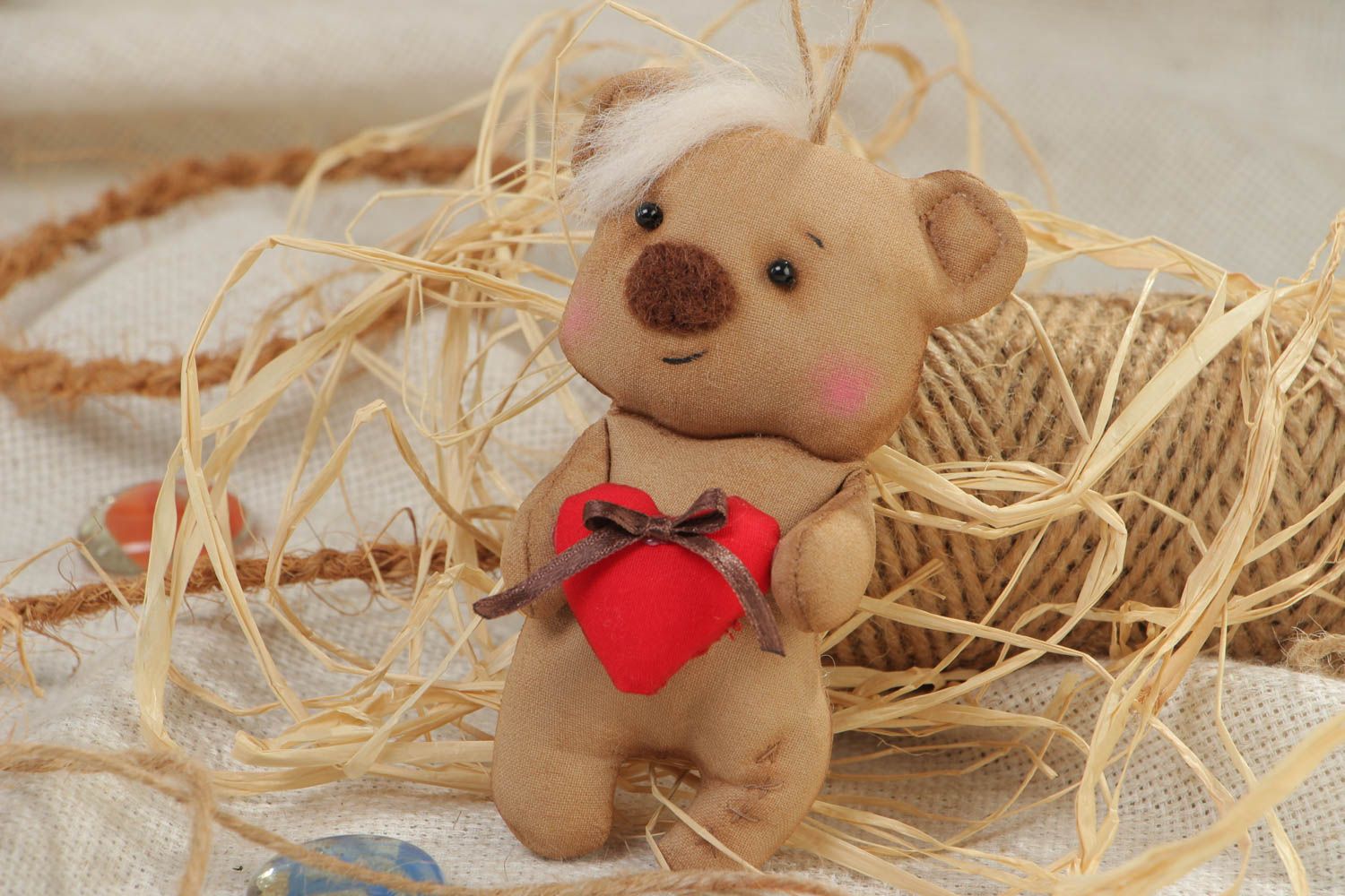 Handmade soft toy bear sewn of linen fabric with red heart and coffee aroma photo 1