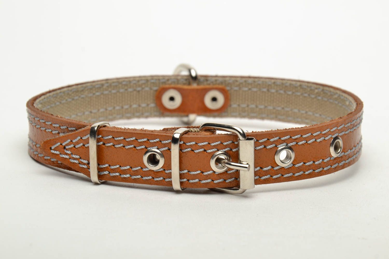 Brown dog collar with handmade sewing photo 2