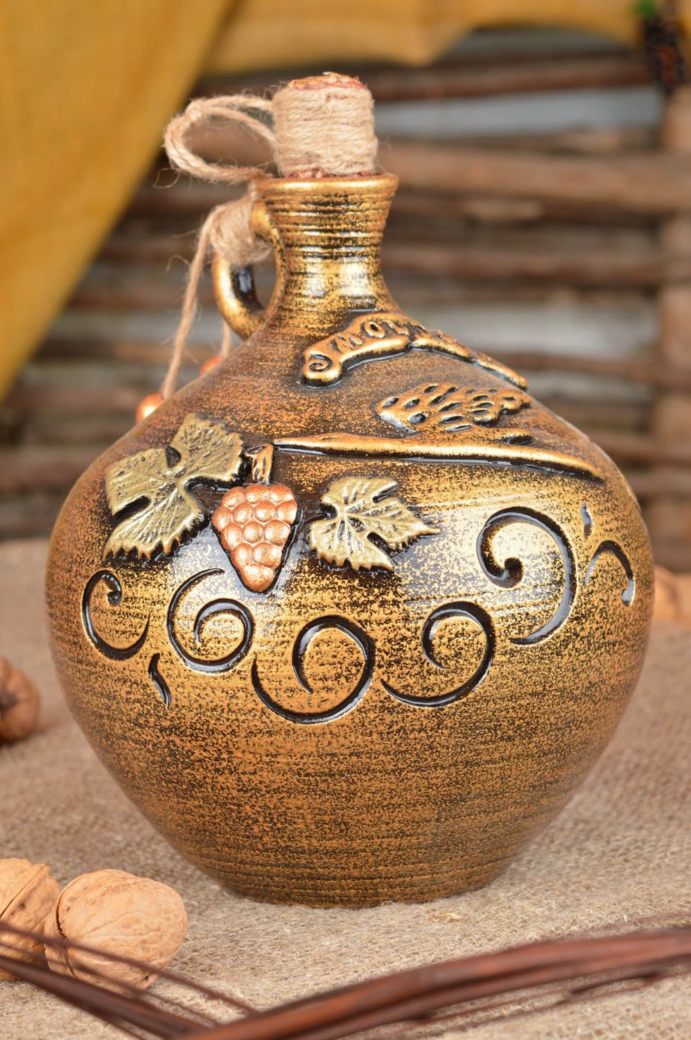 Handmade cute clay big ceramic bottle with cork with stucco 1.5 liters photo 1