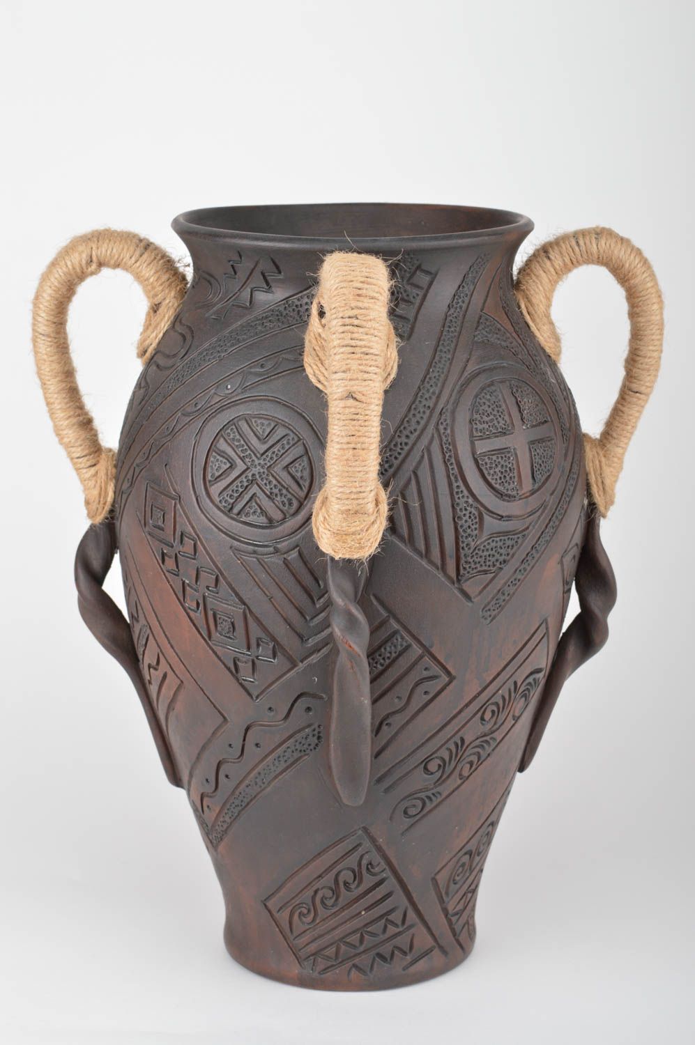 Vase artisanal terre cuite marron 4 anses 3 L à motif original décor fait main photo 5