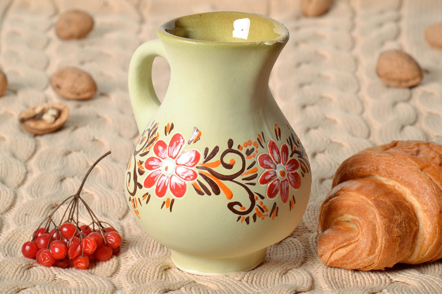 Handmade ceramic glazed milk jug with floral painting 1,26 lb photo 1