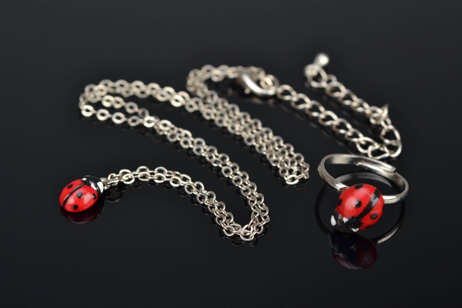 Polymer clay jewelry set pendant and earrings in the shape of ladybirds photo 1