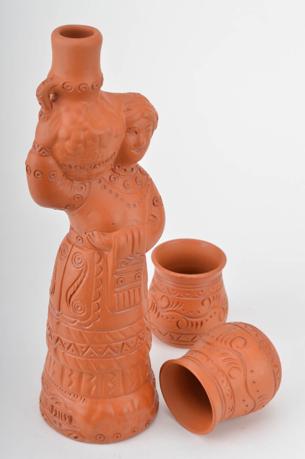 Set of handmade terracotta drinking wine set with two cups with no handles and 25 oz ceramic bottle photo 2