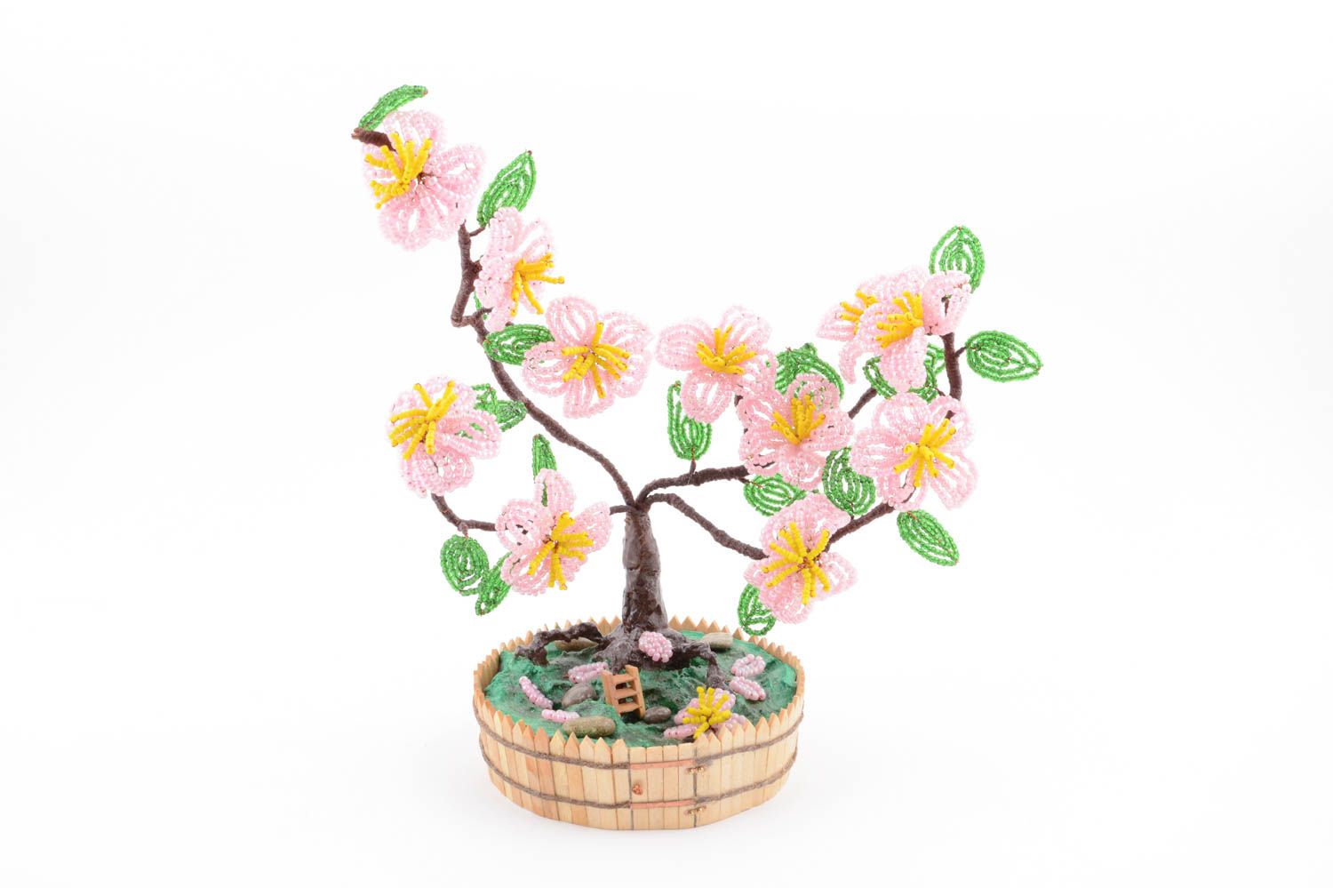 Дерево из бисера ручной работы на подставке красивое авторское Сакура в цвету фото 2