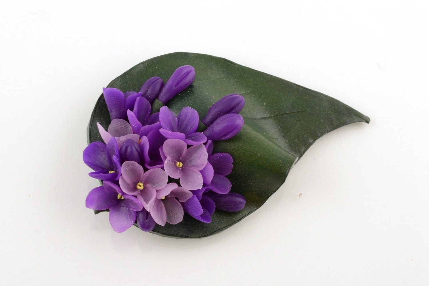 Blumen Handmade Brosche mit grünem Blatt und lila Blumen für festlichen Look foto 2