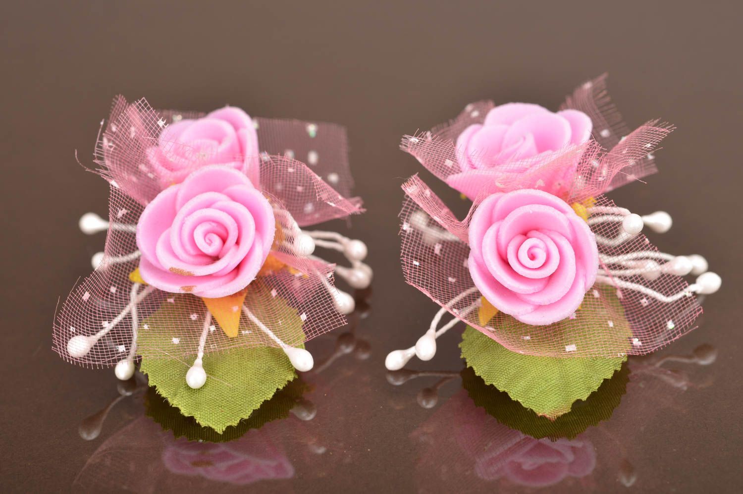 Pink handmade hair clips for kids made of artificial flowers set of 2 pieces photo 2