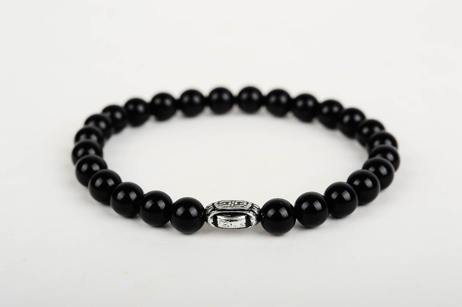 Handmade black beads stretchy bracelet with metal centerpiece charm for women photo 3