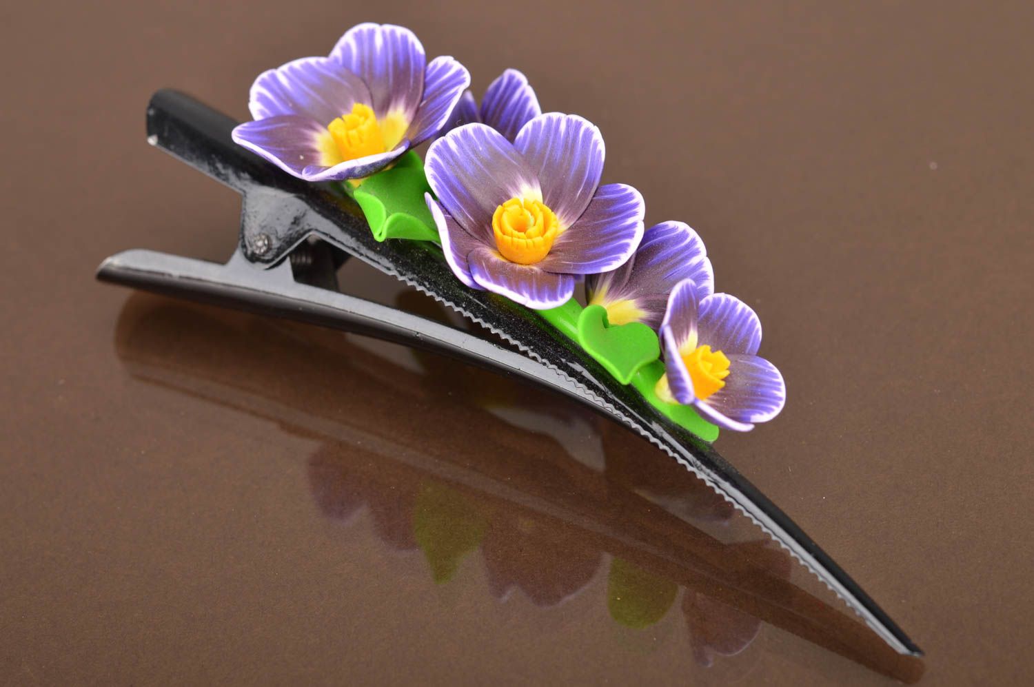 Handmade stylish hair clips made of polymer clay set with violet flowers photo 5