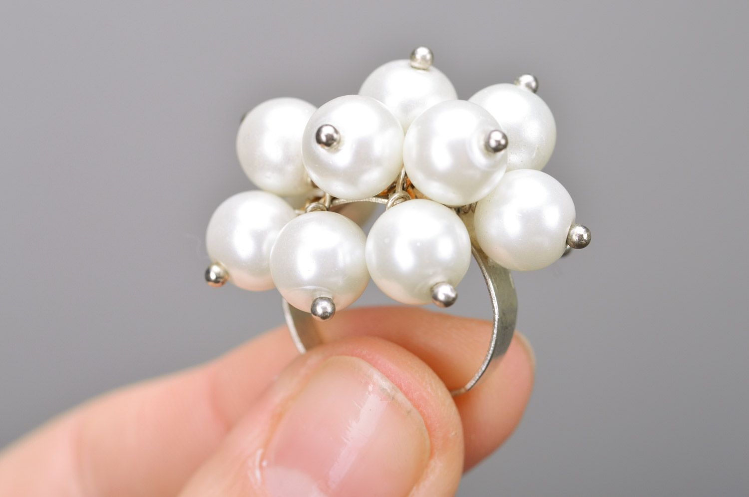 Beautiful festive handmade women's pearl-like beaded ring photo 3