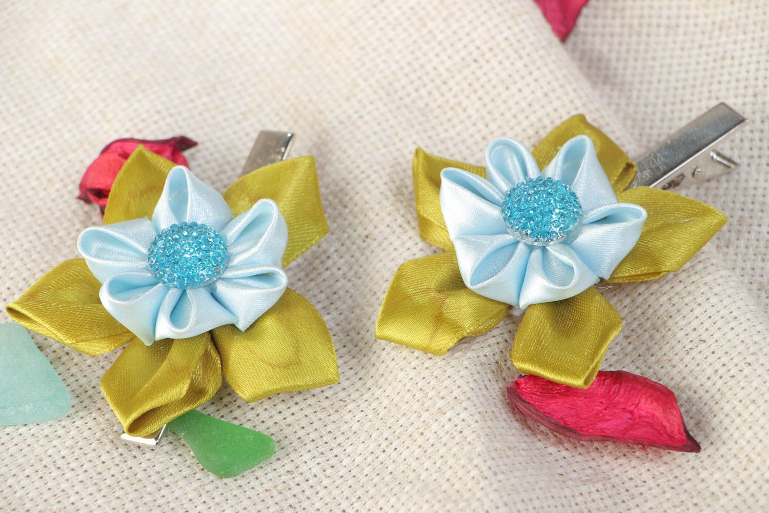 Set of 2 handmade decorative hair clips with blue and green satin flowers photo 1