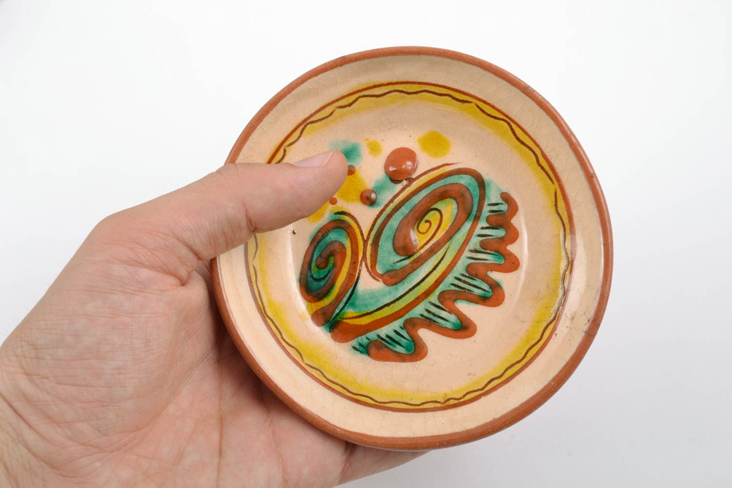 Декоративная керамическая тарелка расписанная глазурью красивая ручной работы фото 2