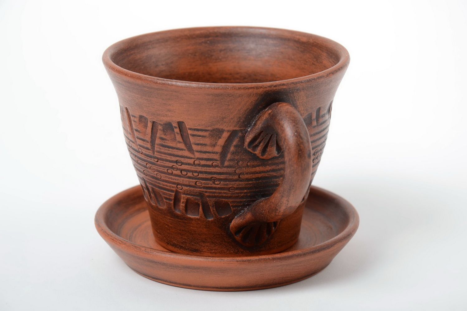 Braune Keramik Tasse mit Untertasse 300ml Milchbrennen Technik Handarbeit foto 5