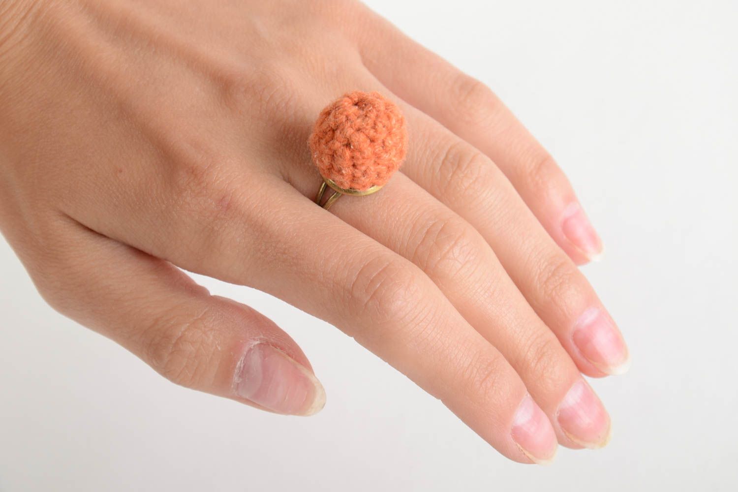 Handmade designer jewelry ring on metal basis with crocheted orange bead photo 2