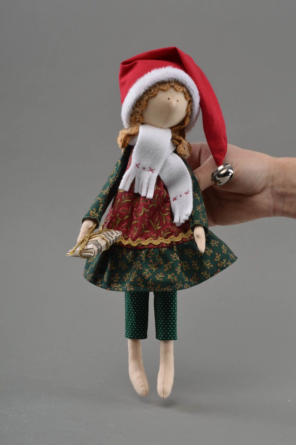 Handmade designer fabric soft doll in Christmas clothing Girl with Present photo 3