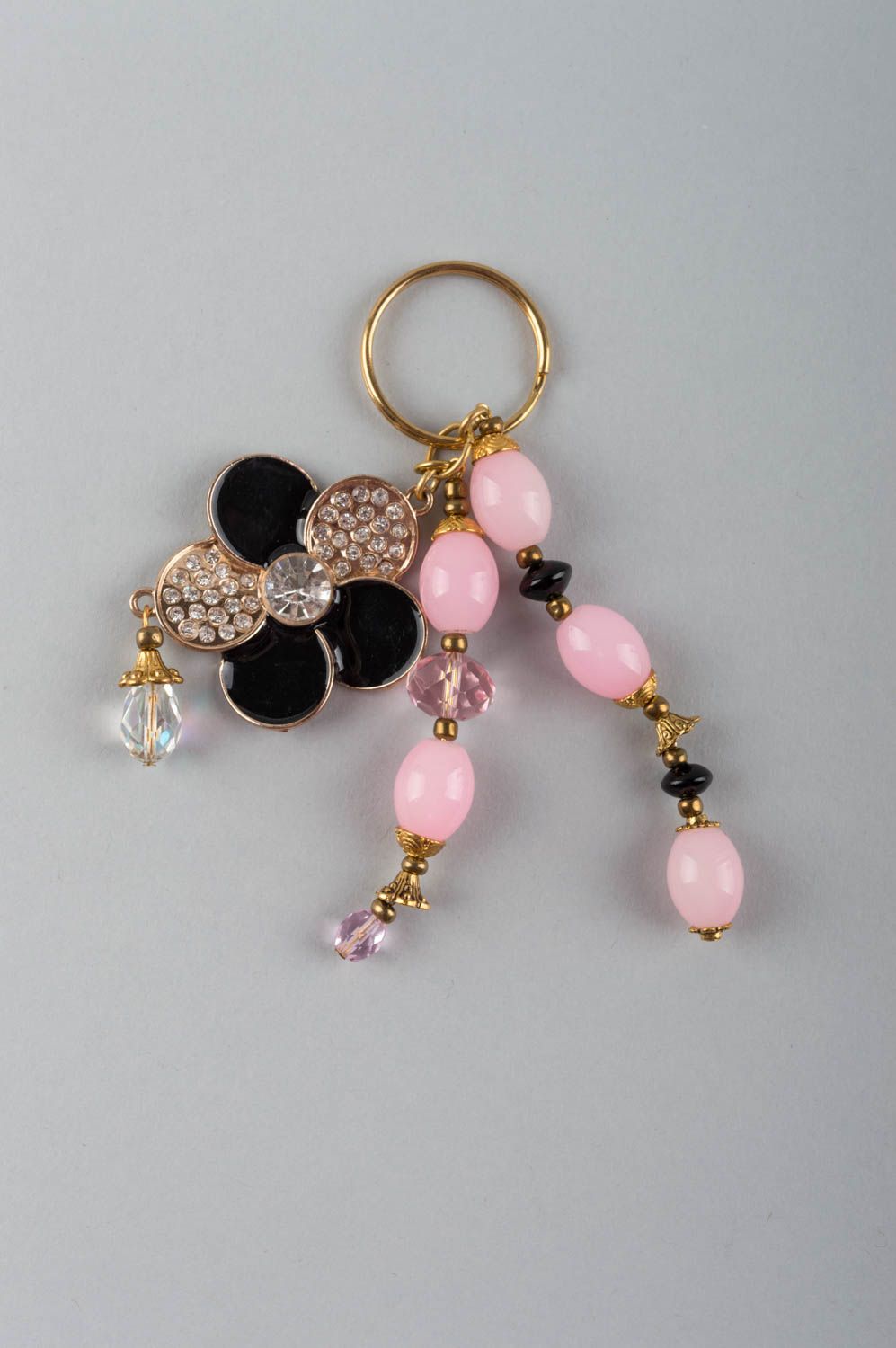 Women's handmade designer brass keychain with glass beads and natural stone photo 1