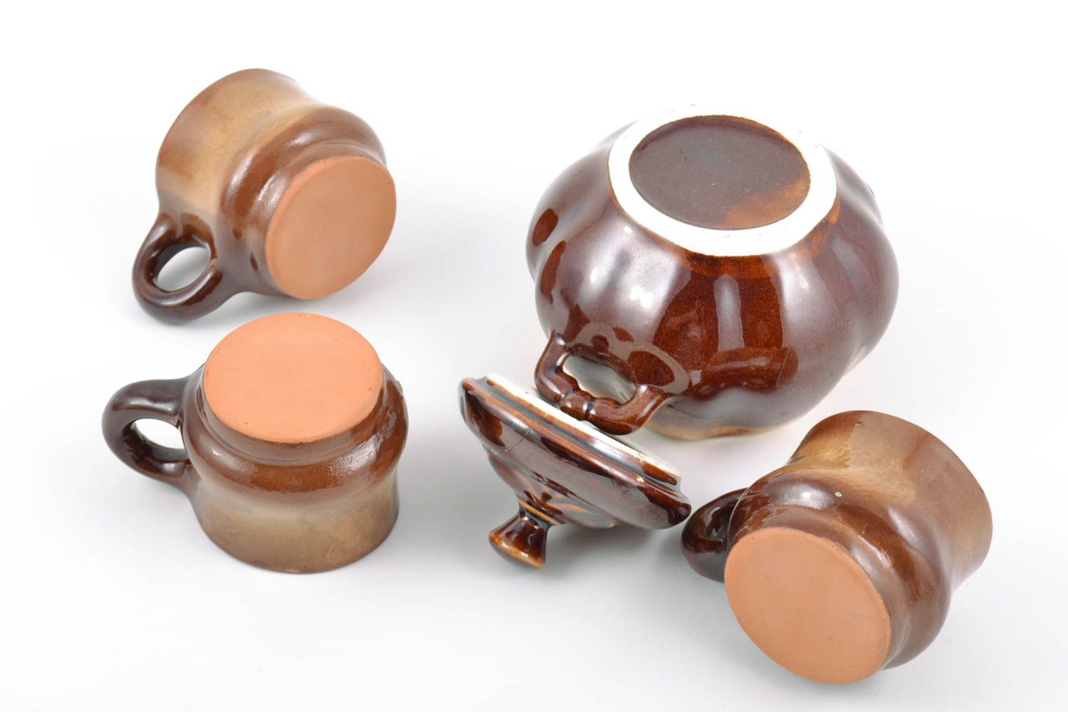 Handmade ceramic tea set glazed sugar bowl 350 ml and 3 cups 150 ml each photo 3