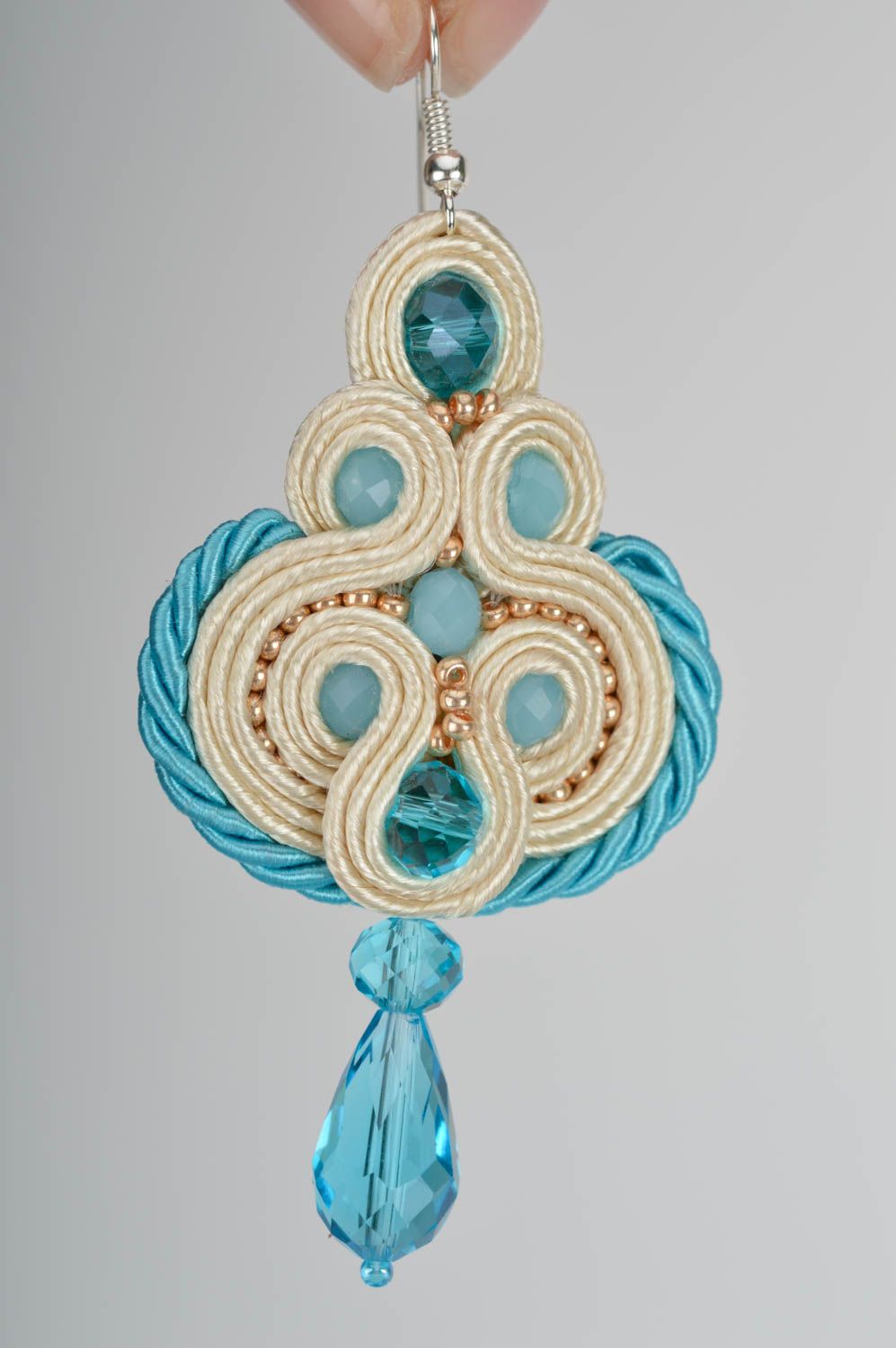 Beautiful blue and beige handmade designer soutache earrings with beads photo 3
