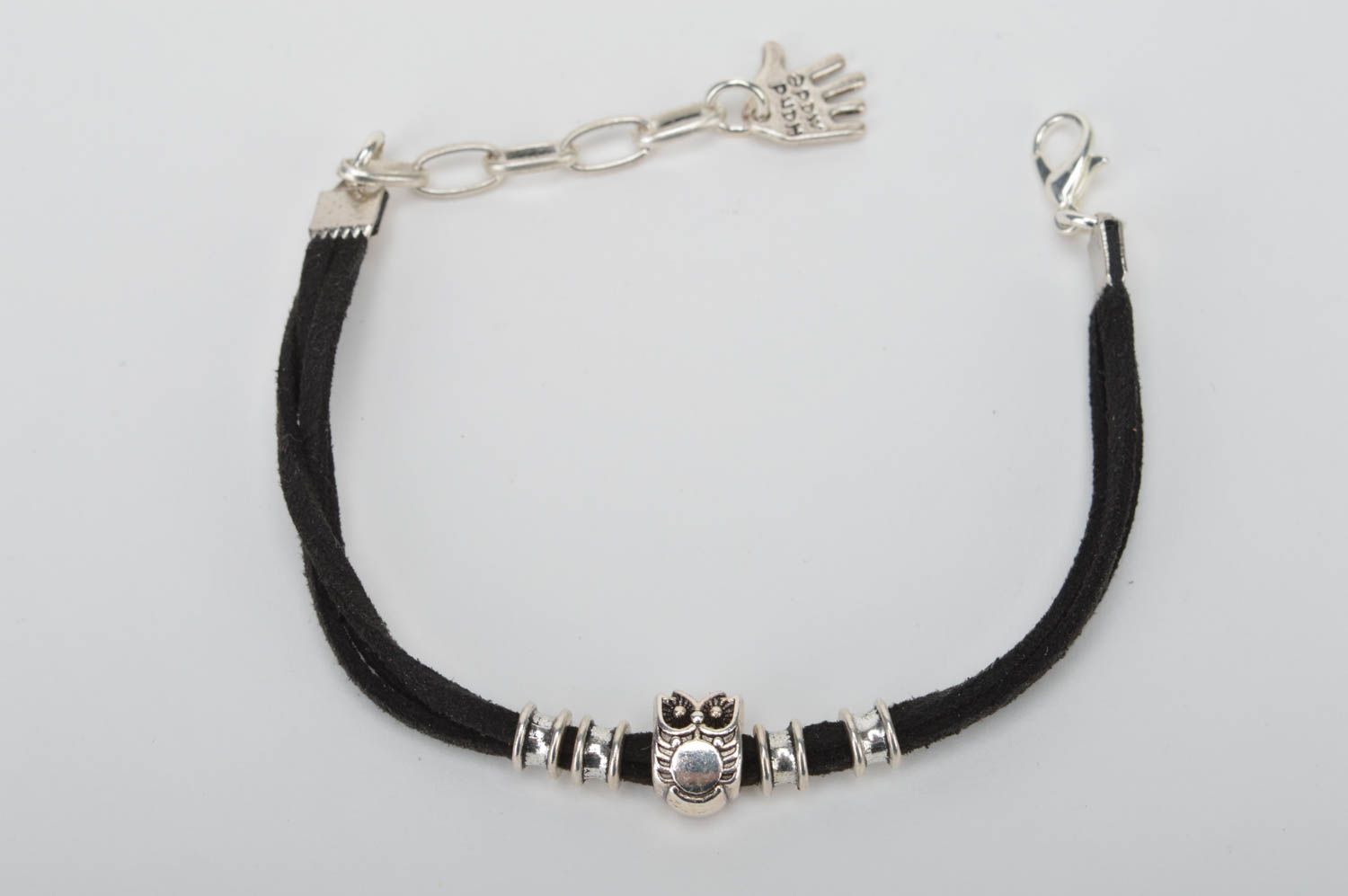 Handmade black cute bracelet made of suede laces with charms made of metal photo 5