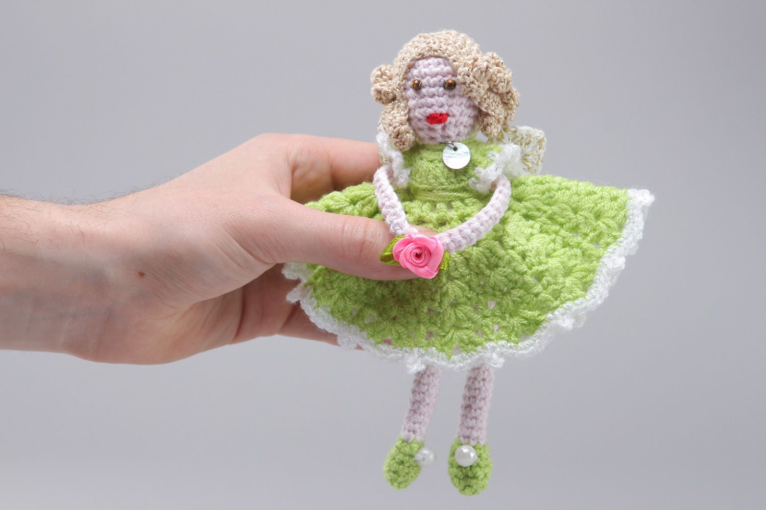 Handmade soft doll crocheted of cotton and acrylic threads Girl in green dress photo 4