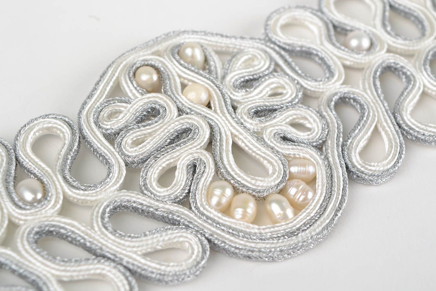 Light festive handmade designer women's soutache bracelet with river pearl photo 5