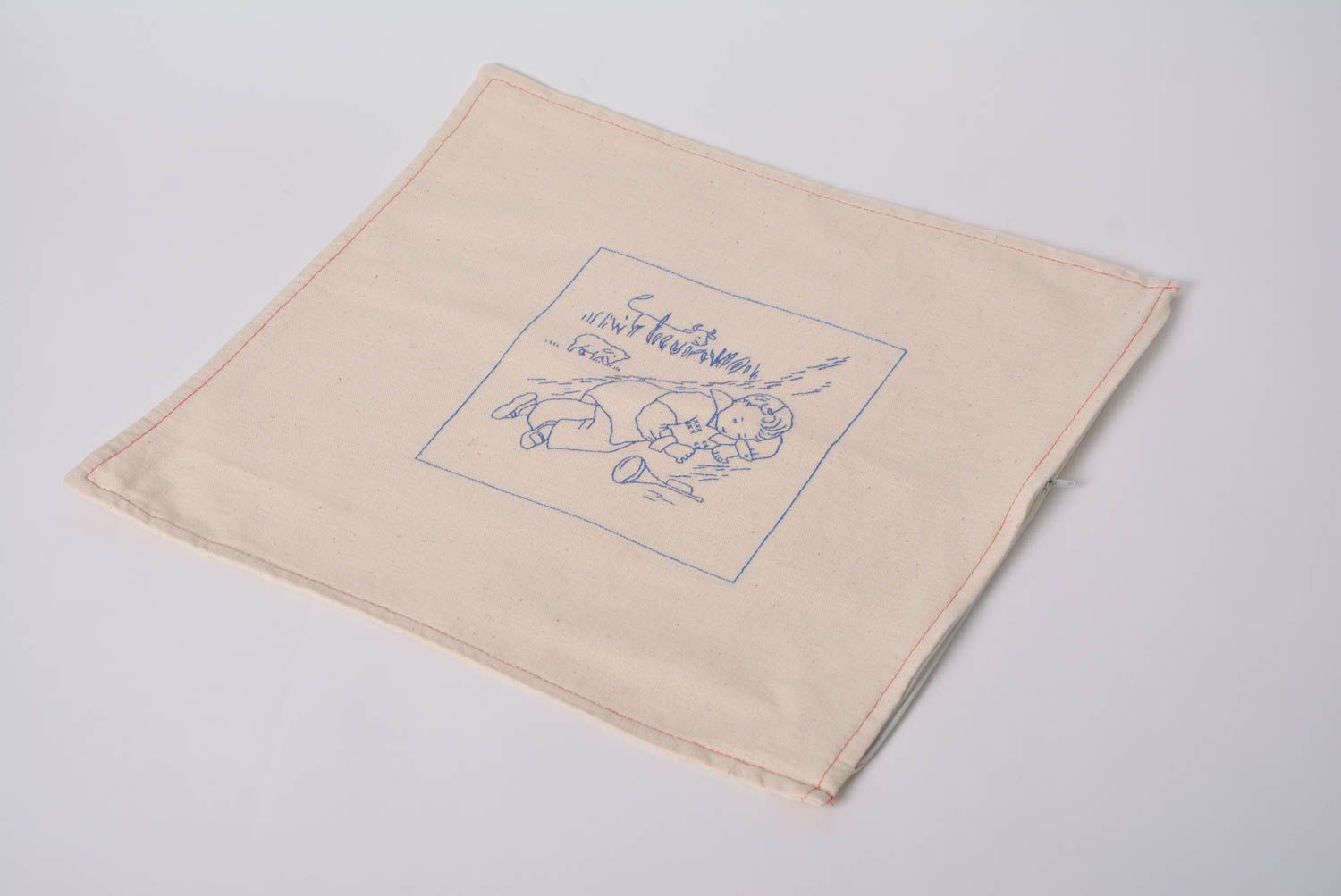 Handmade light semi linen fabric designer pillow case with blue embroidery photo 2