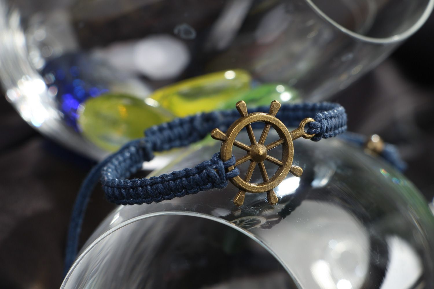 Handmade wrist bracelet woven of blue waxed cord with metal wheel unisex  photo 4