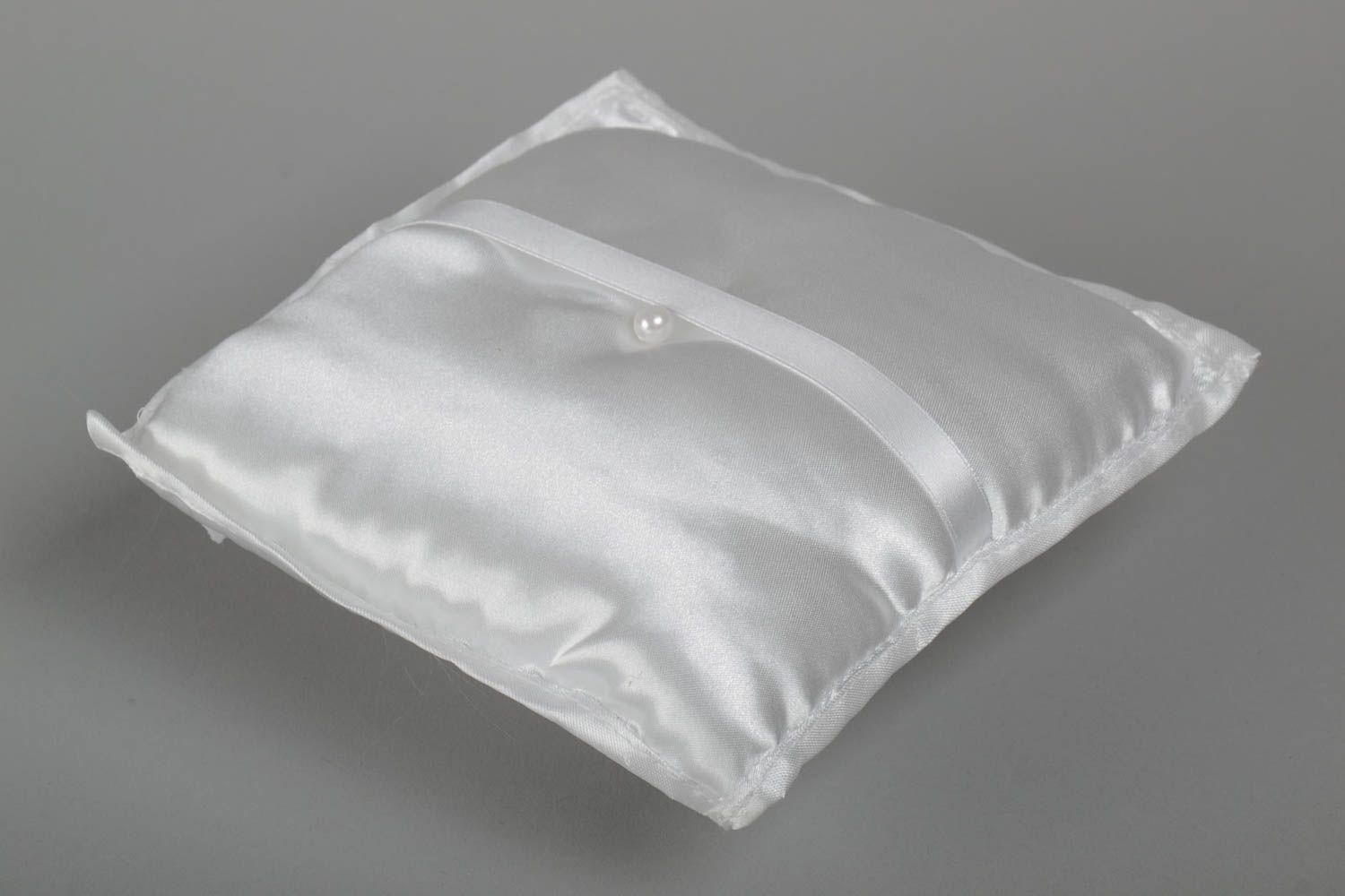 Small handmade designer satin fabric ring bearer pillow of white color photo 3