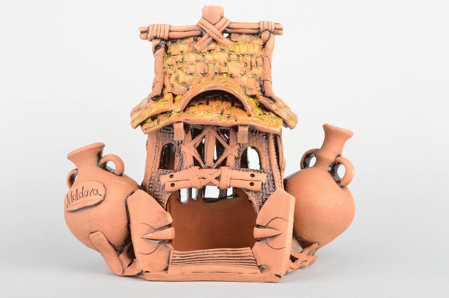 Dekorativer Teelichthalter aus Ton in Hausform künstlerisch ethnisch originell foto 2