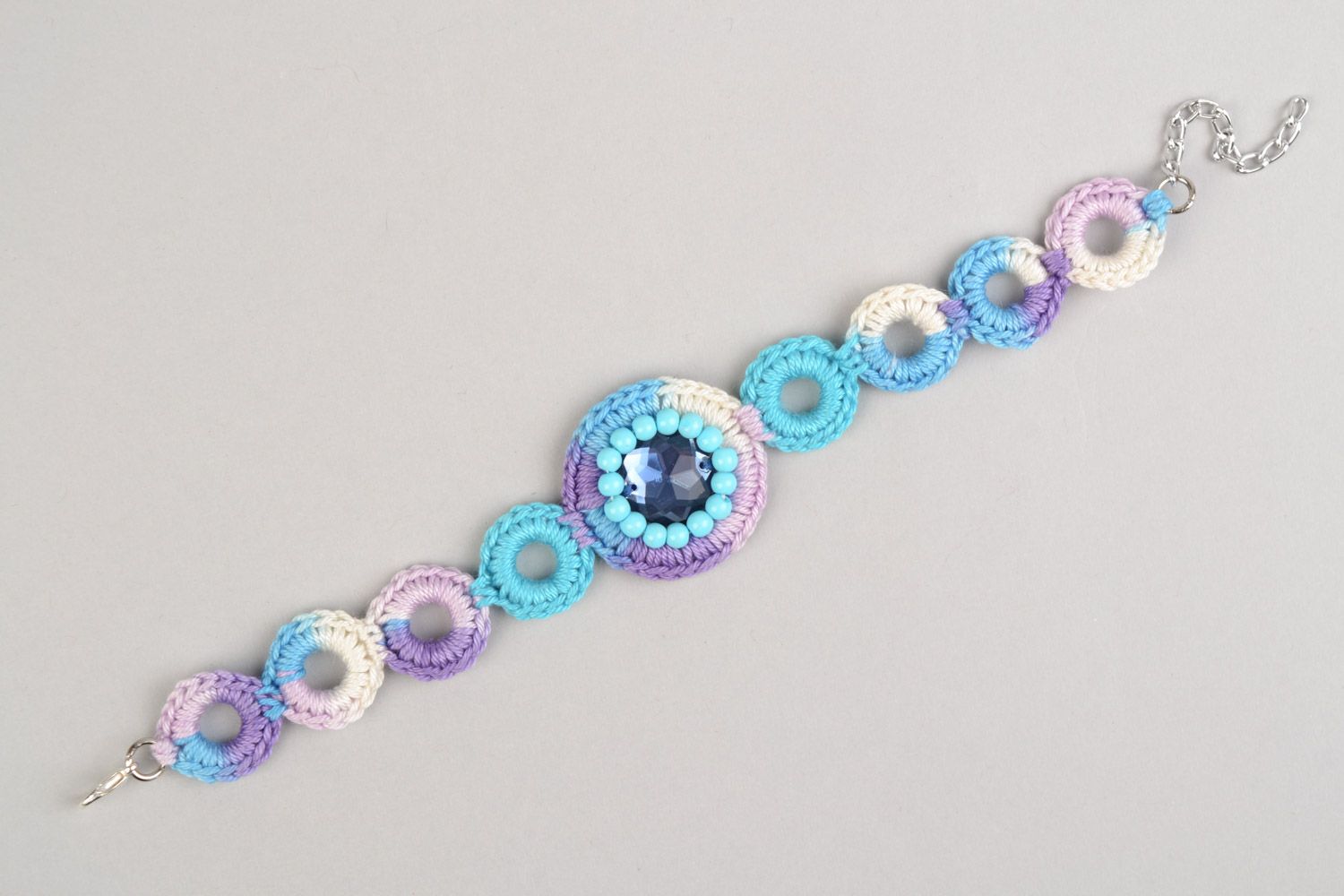 Handmade wrist bracelet woven of cotton threads and rhinestones in blue color photo 3