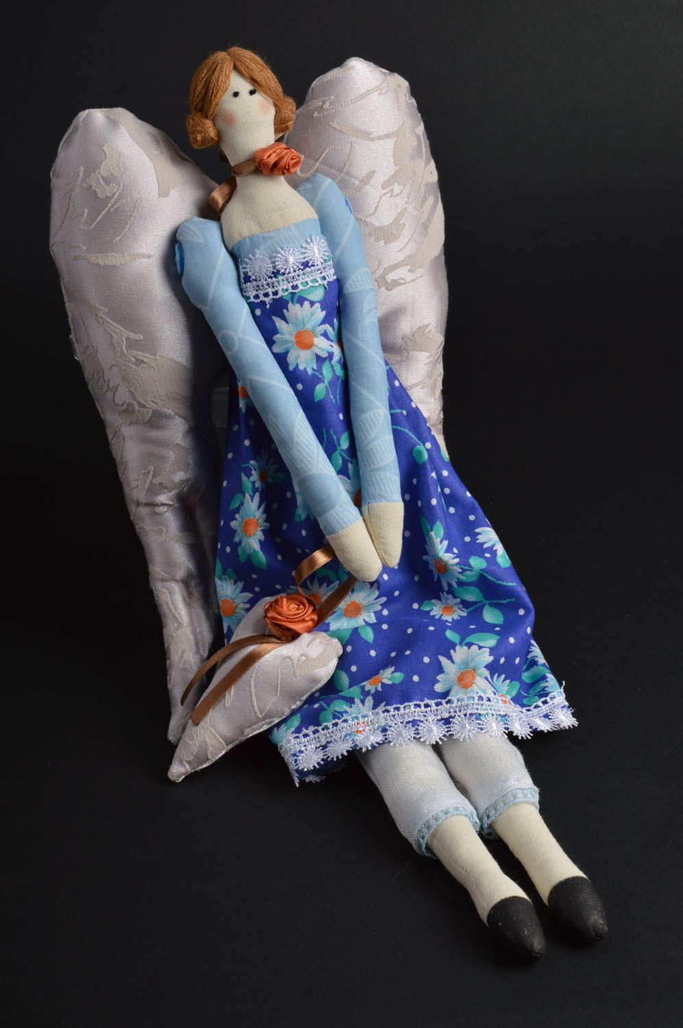 Handmade designer fabric interior soft doll angel in blue dress with eyelet photo 1