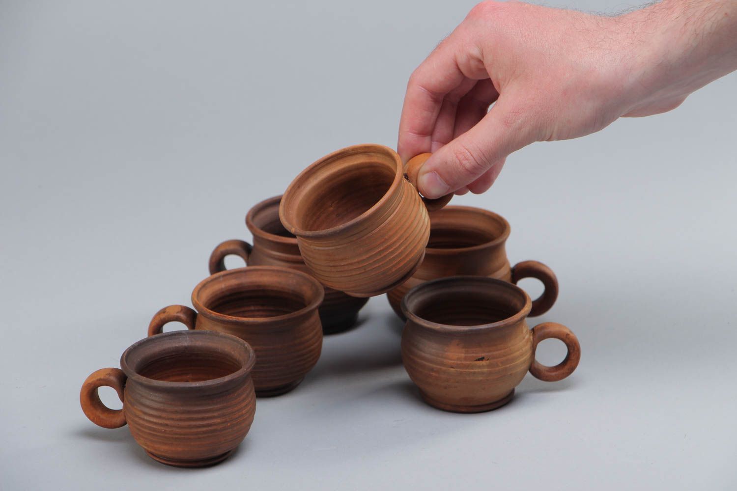 6 six clay coffee 2 oz cups in ancient style with handle and no pattern photo 5