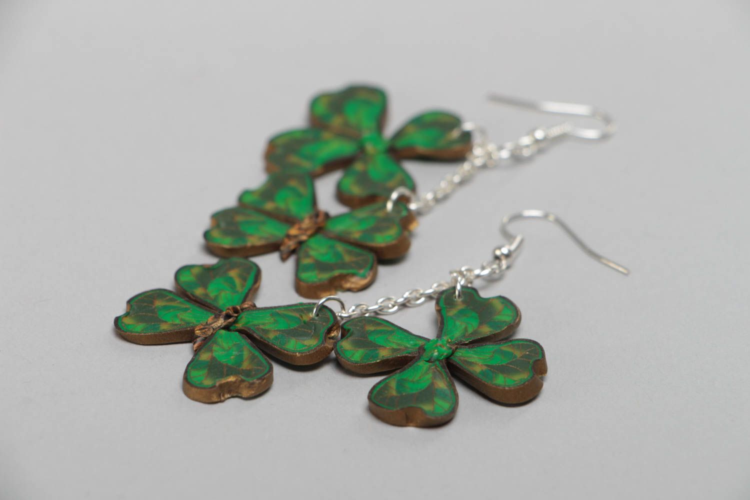 Earrings made of polymer clay in the form of long green butterflies hand made photo 3
