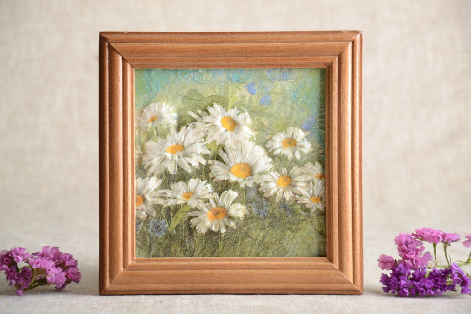 Bild mit Holzrahmen Handmade Wandbild aus Holz Gemälde modern Deko Bild Blumen foto 1