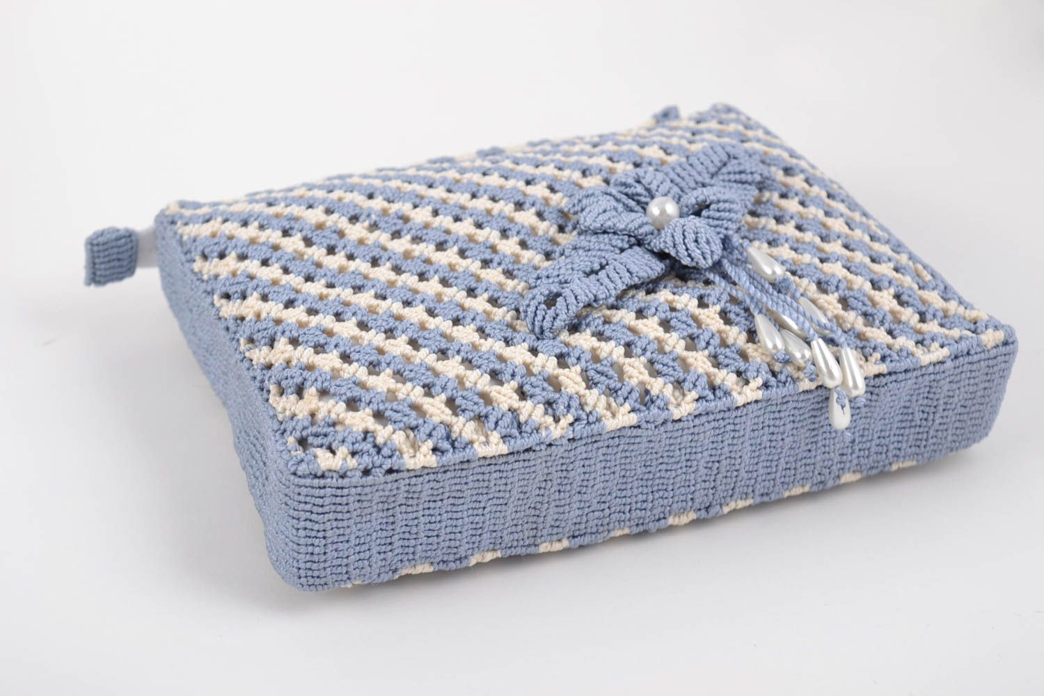 Handmade stylish cosmetic bag braided using macrame technique with blue flower photo 3