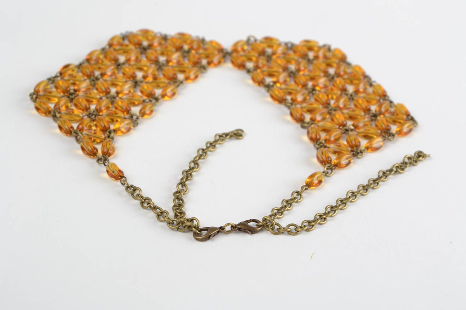 Beautiful handmade woven glass bead collar necklace of amber color photo 4