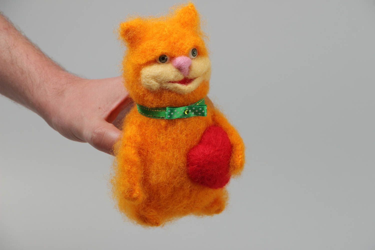 Handmade soft toy fluffy cat crocheted of bright orange mohair threads  photo 5