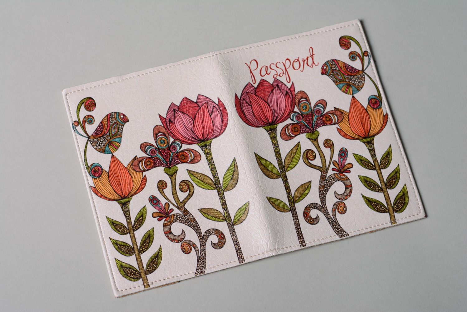 Homemade leather passport cover with print Flowers photo 2