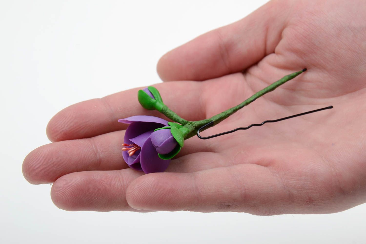 Handmade tender decorative hair pin with cold porcelain violet flower  photo 2
