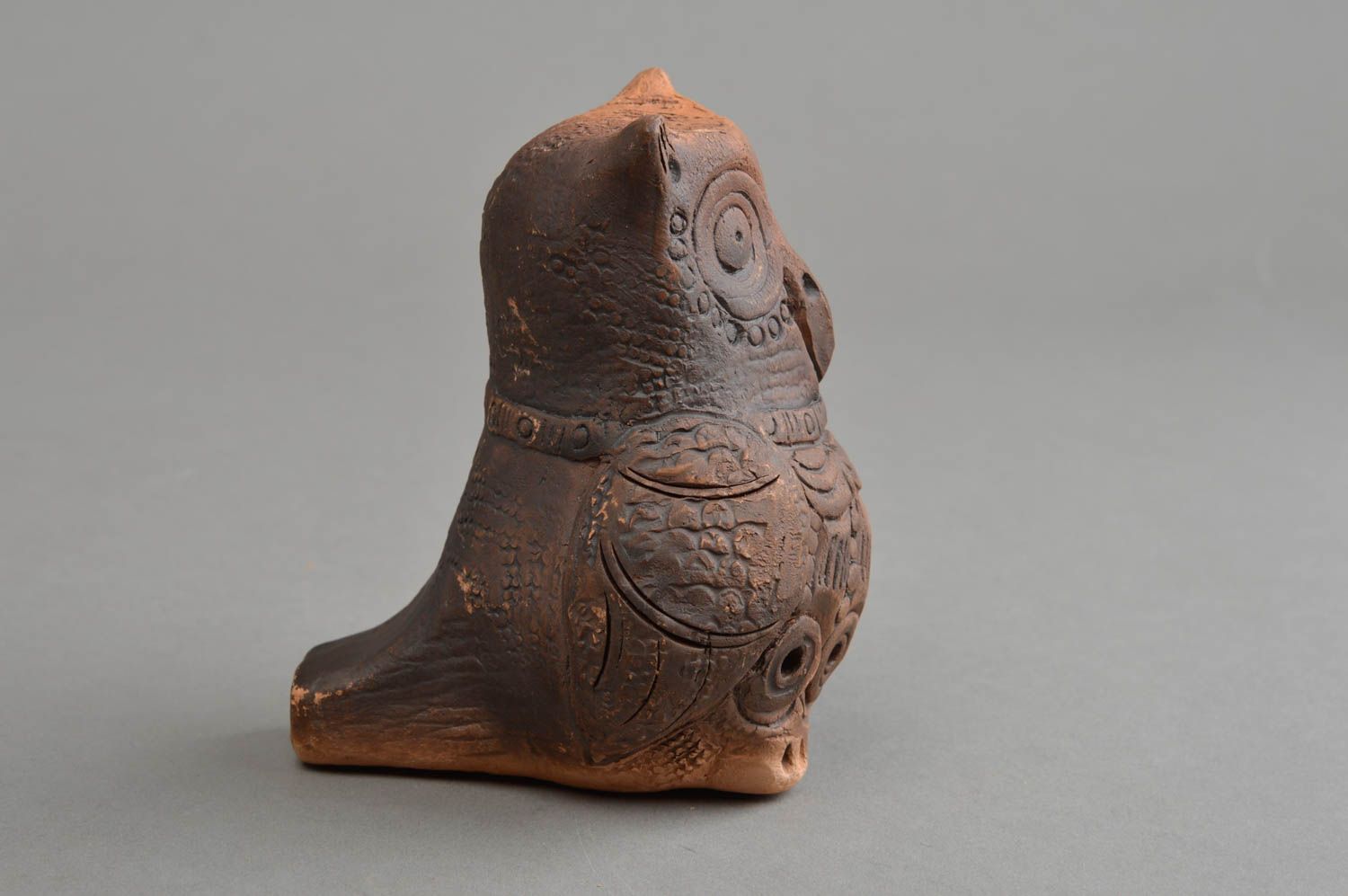 Sifflet en céramique brun en forme de hibou jouet populaire fait main original photo 3