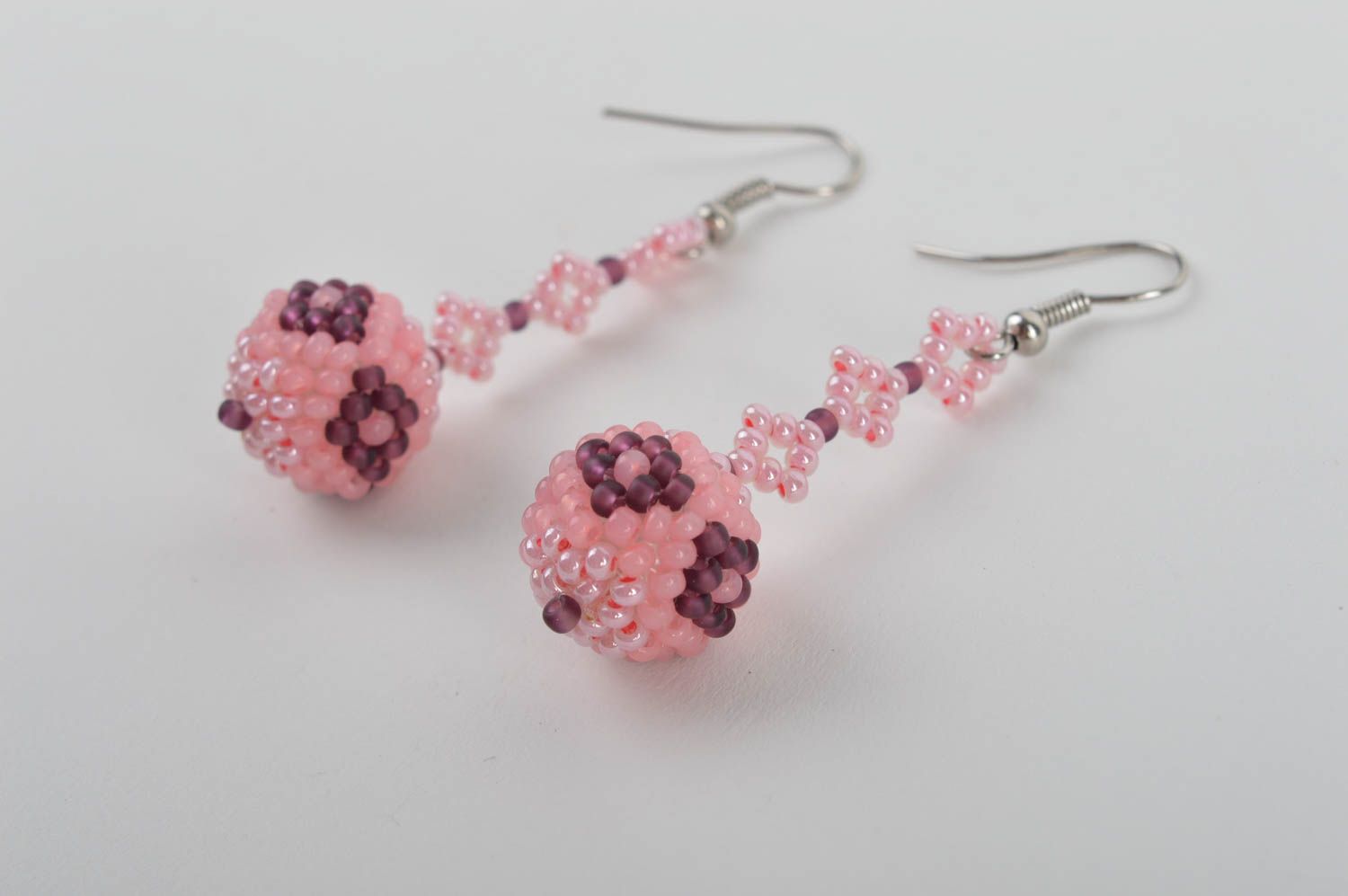 Tender designer long dangle earrings with pink bead woven balls photo 3