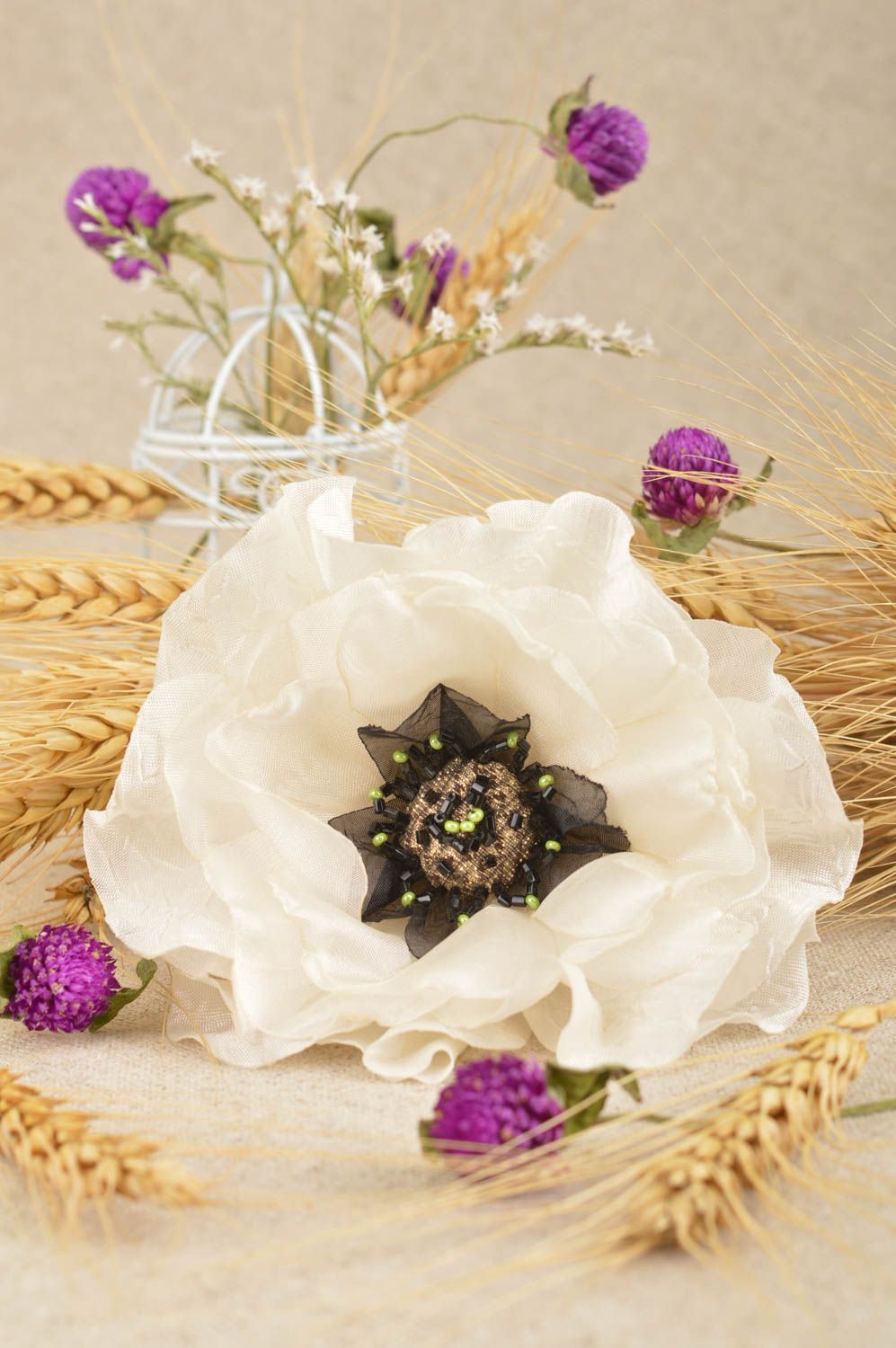 Broche barrette fleur faite main grande en soie Cadeau pour femme Pavot blanc photo 1