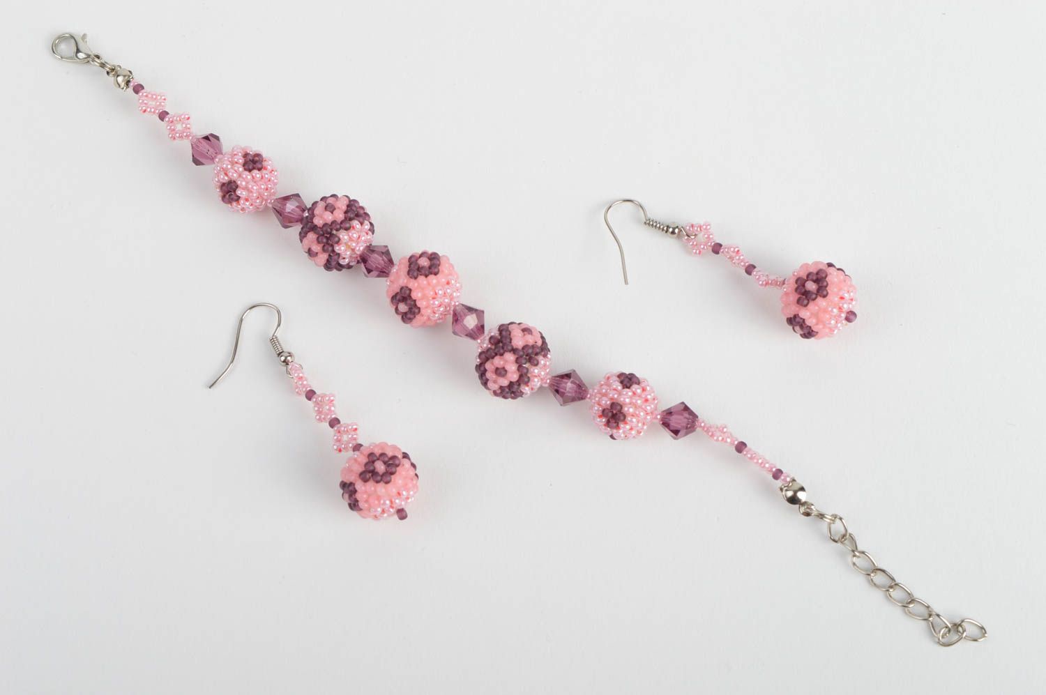 Handmade pink beaded jewelry set dangle earrings and wrist bracelet 2 items photo 4
