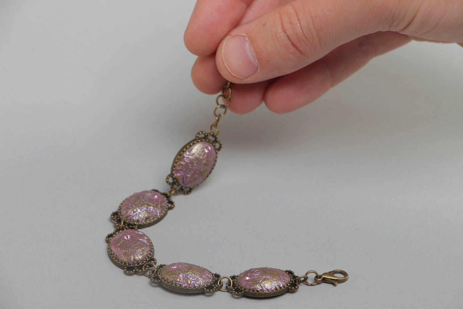 Handmade tender violet polymer clay wrist bracelet with glass glaze for women photo 5
