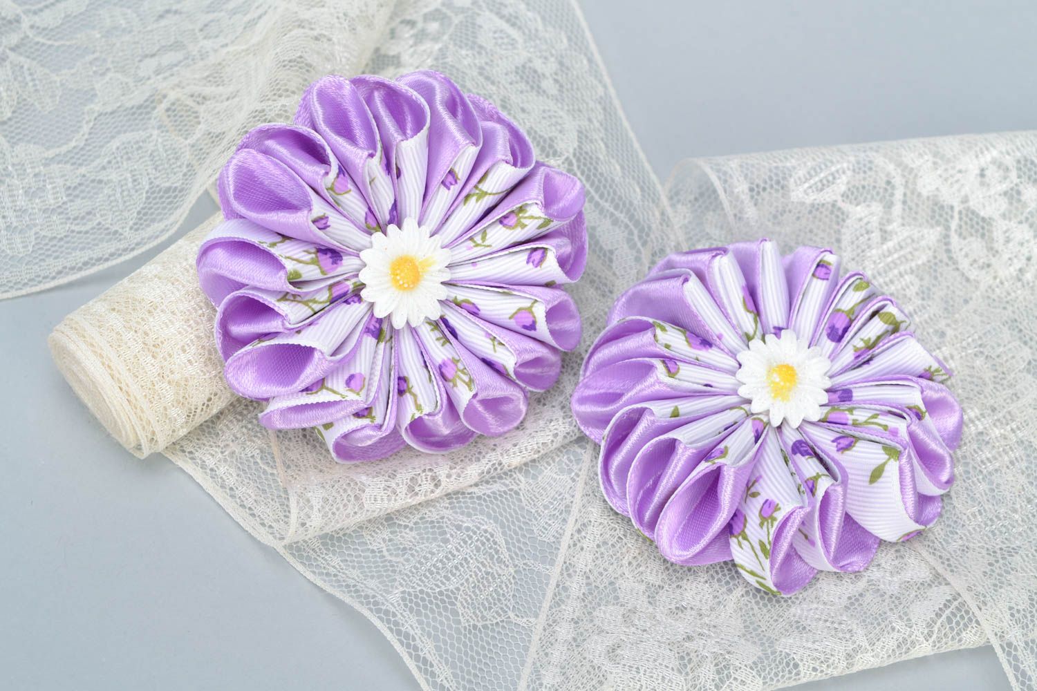 Handmade beautiful scrunchies with flowers large female satin hair accessories 2 pieces photo 1
