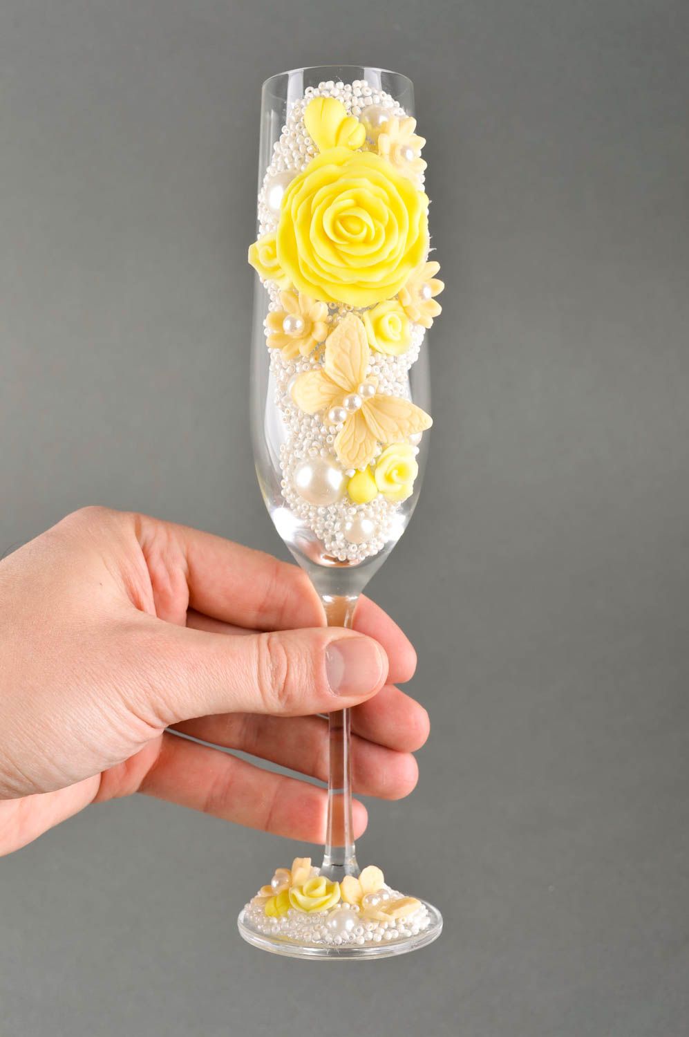 Flûtes à champagne fait main 2 Verres à vin jaunes décorés Service vaisselle photo 5