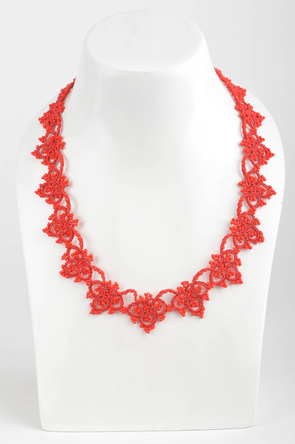Beautiful handmade designer tatting lace necklace with beads Red for girls photo 3