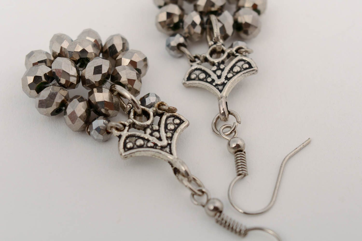 Handmade designer crystal earrings with charms beautiful gray evening accessory photo 3