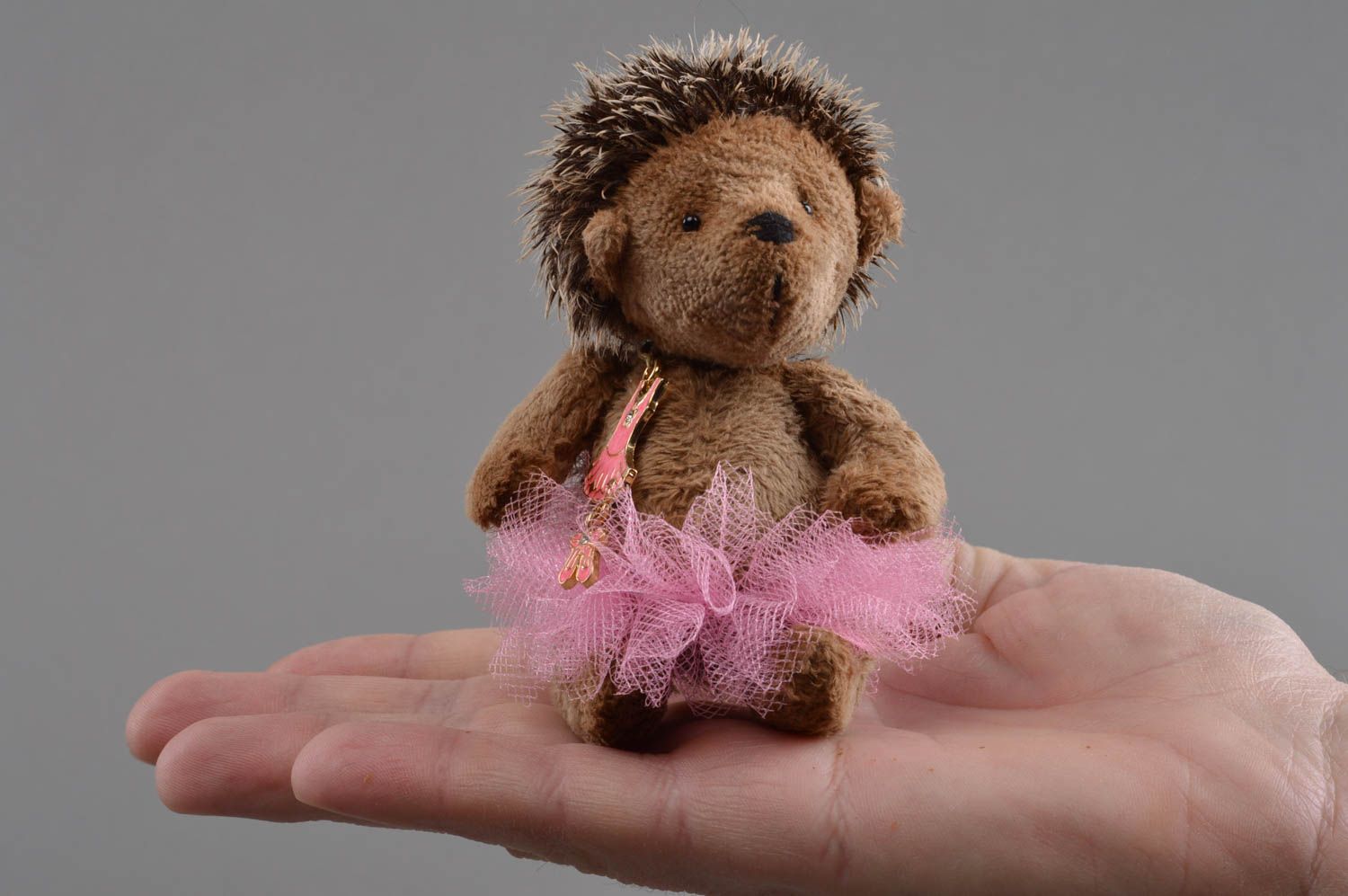 Handmade designer plush soft toy brown hedgehog in pink tutu skirt for kids photo 4