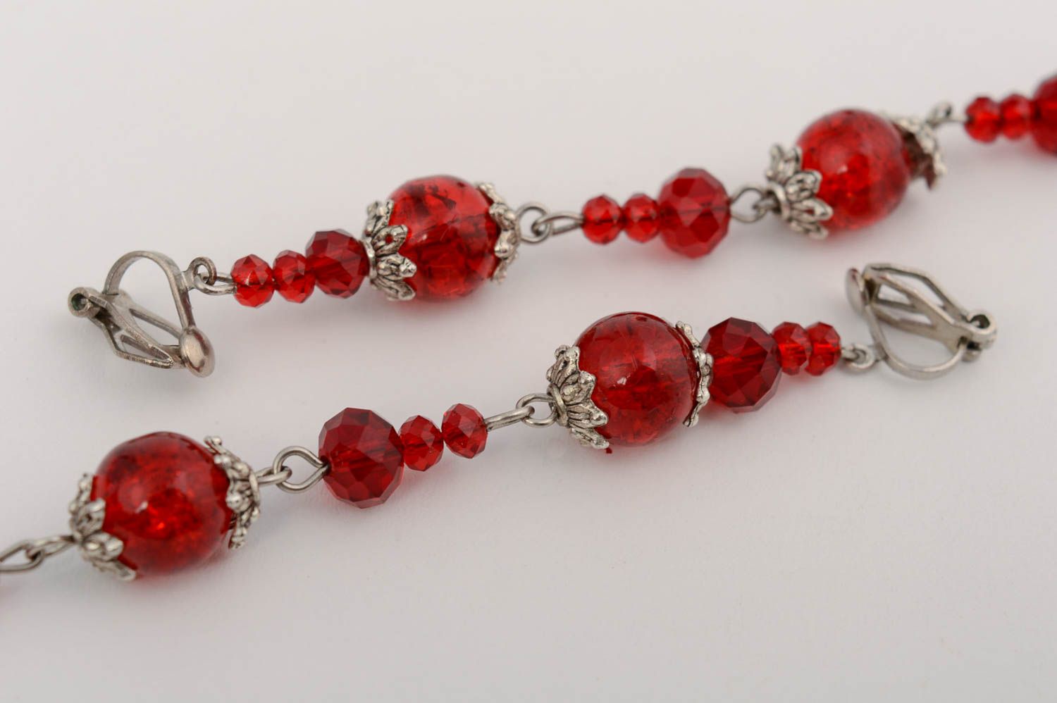 Handmade designer long dangle earrings with red Czech crystal and glass beads photo 5